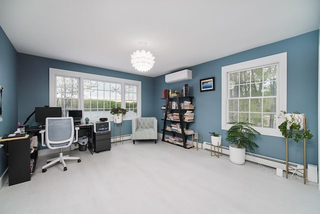 home office with baseboards, baseboard heating, wood finished floors, and a wall mounted AC