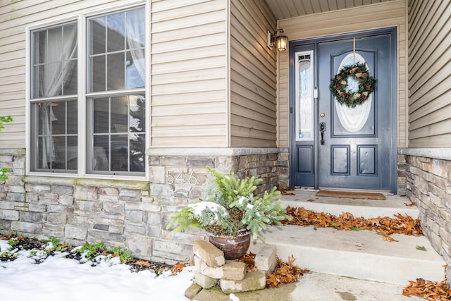 entrance to property featuring stone siding