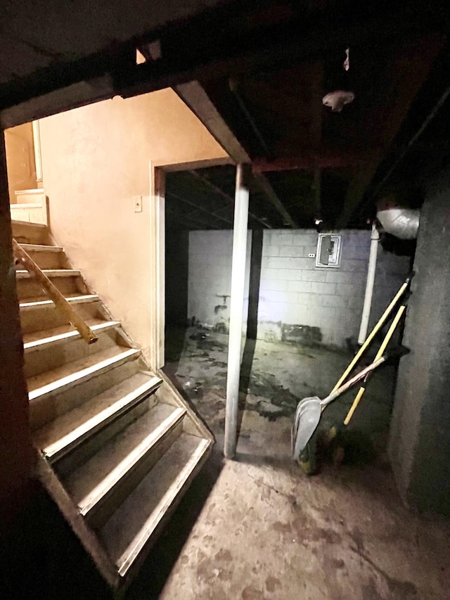 unfinished basement featuring concrete block wall