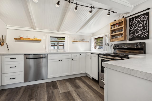 kitchen with plenty of natural light, dishwasher, open shelves, a sink, and range with electric stovetop