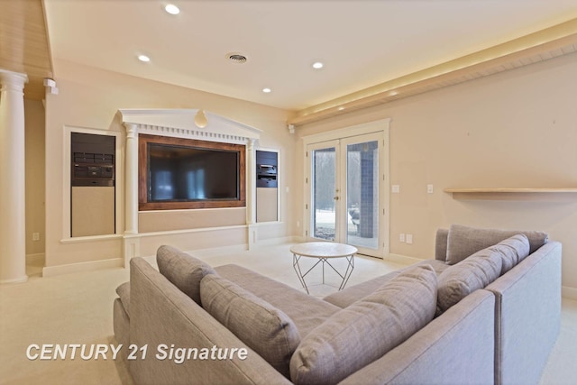 carpeted living area featuring french doors, decorative columns, recessed lighting, visible vents, and baseboards