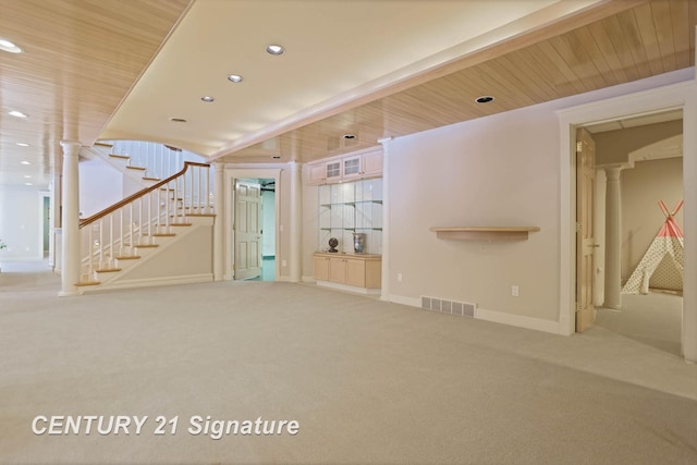 interior space featuring visible vents, wood ceiling, stairway, ornate columns, and recessed lighting