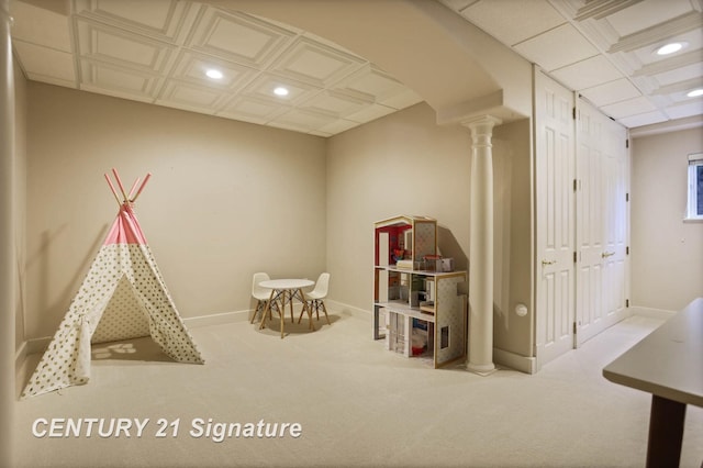 playroom featuring decorative columns, baseboards, carpet flooring, and recessed lighting