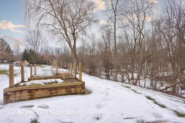 yard layered in snow featuring a garden