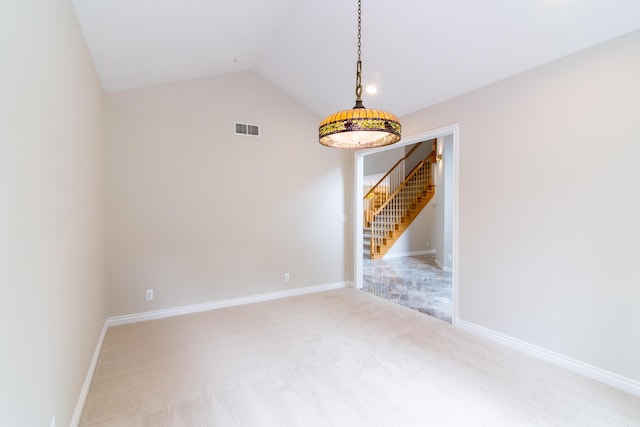 carpeted spare room featuring vaulted ceiling, stairway, visible vents, and baseboards