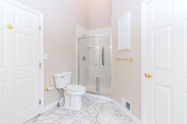 bathroom with toilet, visible vents, baseboards, marble finish floor, and a stall shower