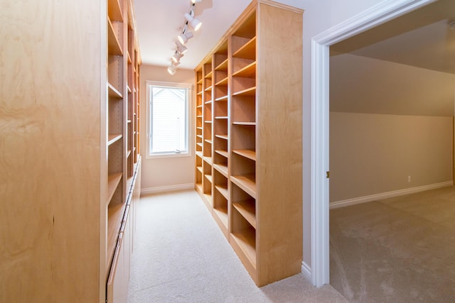 spacious closet featuring lofted ceiling and carpet