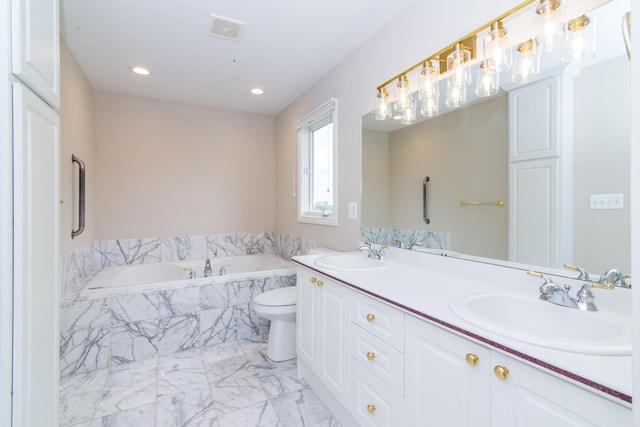 full bathroom with a bath, double vanity, a sink, and visible vents