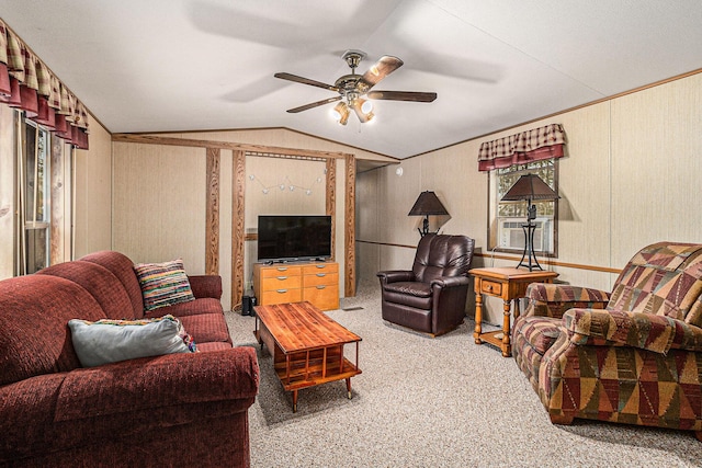 living room with lofted ceiling, ceiling fan, carpet, and cooling unit