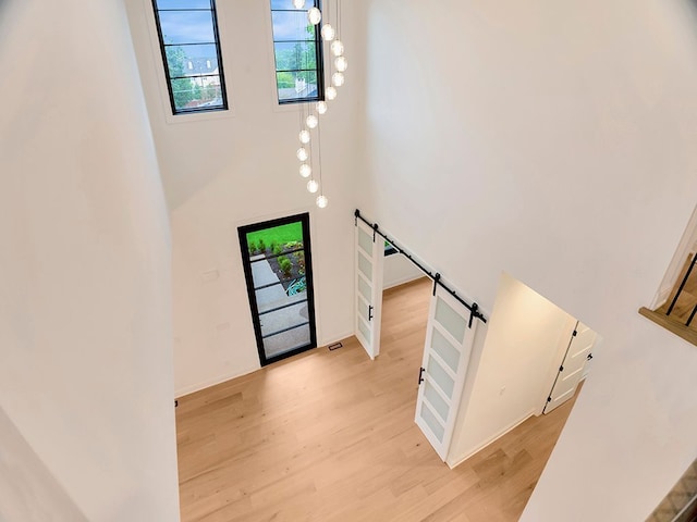 foyer entrance featuring plenty of natural light, a high ceiling, wood finished floors, and a barn door