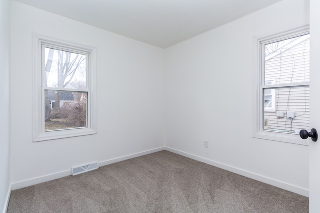 spare room with a wealth of natural light, carpet flooring, visible vents, and baseboards