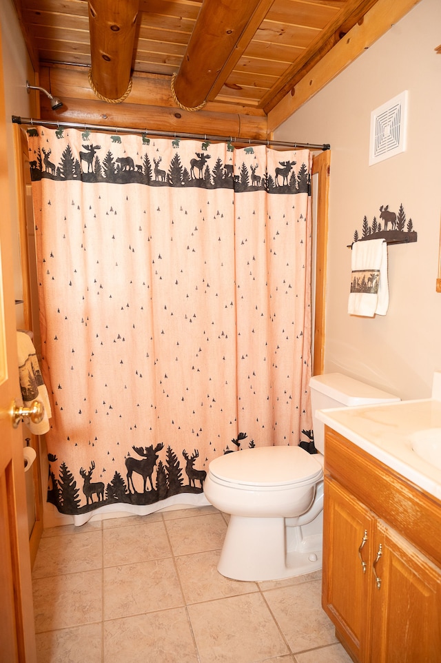 bathroom featuring visible vents, toilet, wood ceiling, beamed ceiling, and tile patterned floors