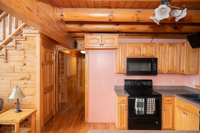 kitchen with light wood-style floors, wood ceiling, black appliances, light brown cabinets, and beam ceiling