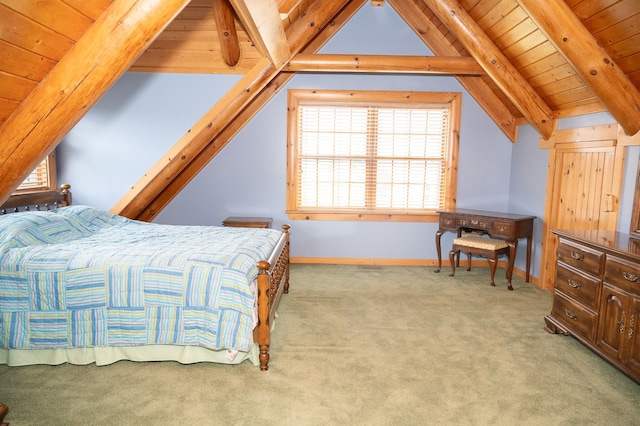 carpeted bedroom with wood ceiling, vaulted ceiling with beams, and baseboards