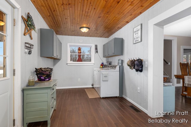 kitchen featuring dark wood-style flooring, wooden ceiling, visible vents, and washing machine and clothes dryer