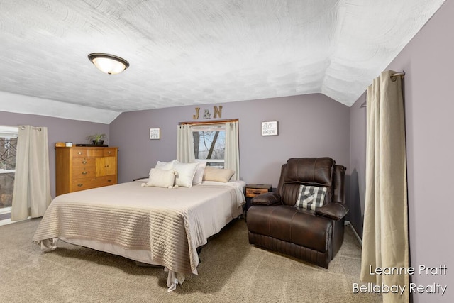 bedroom featuring a textured ceiling, vaulted ceiling, and carpet