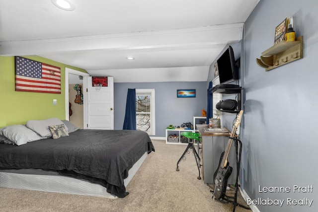 carpeted bedroom with recessed lighting, beam ceiling, and baseboards