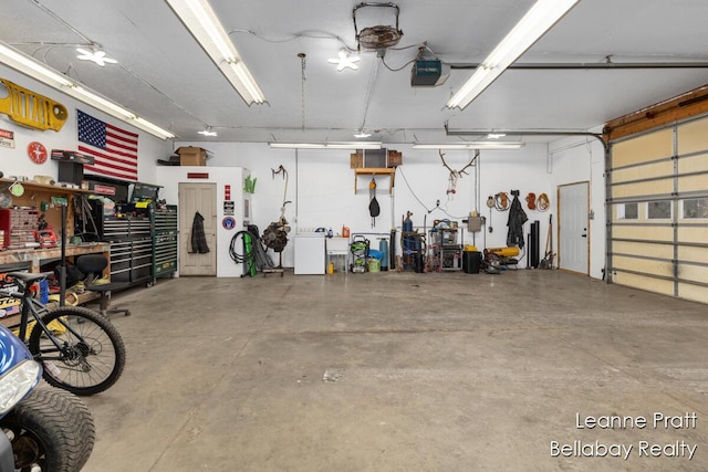 garage featuring a workshop area and a garage door opener