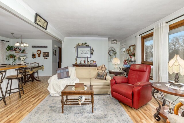 living room featuring a chandelier and wood finished floors