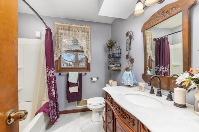 bathroom featuring toilet, shower / tub combo, visible vents, and vanity