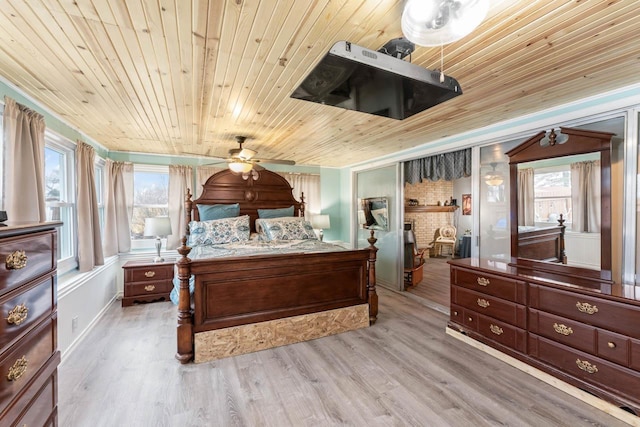 bedroom featuring light wood-type flooring and wood ceiling