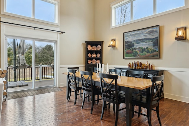 dining space with a wealth of natural light, wood-type flooring, a towering ceiling, and baseboards