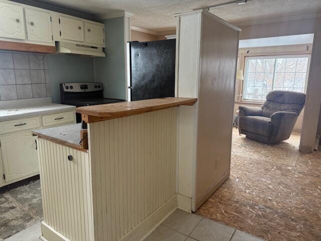 kitchen with freestanding refrigerator, stainless steel electric range, crown molding, under cabinet range hood, and backsplash