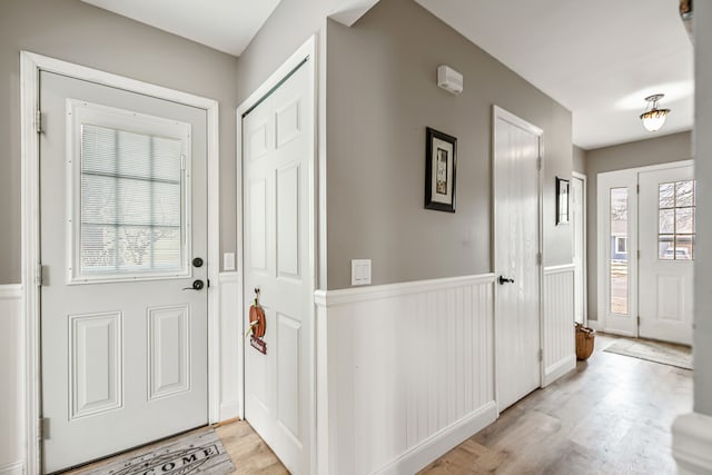 foyer featuring a healthy amount of sunlight, a wainscoted wall, and light wood-style flooring