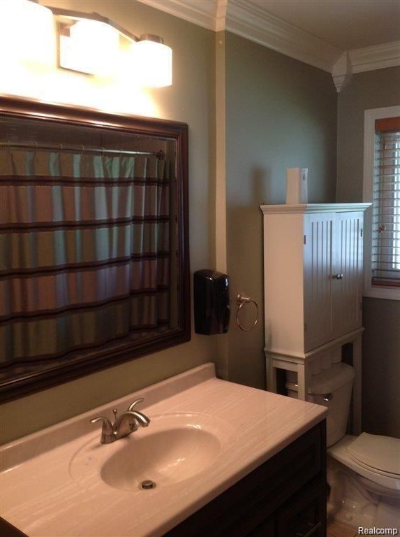 bathroom with crown molding, vanity, and toilet