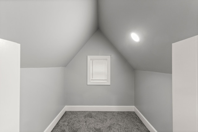 additional living space with vaulted ceiling, carpet flooring, and baseboards