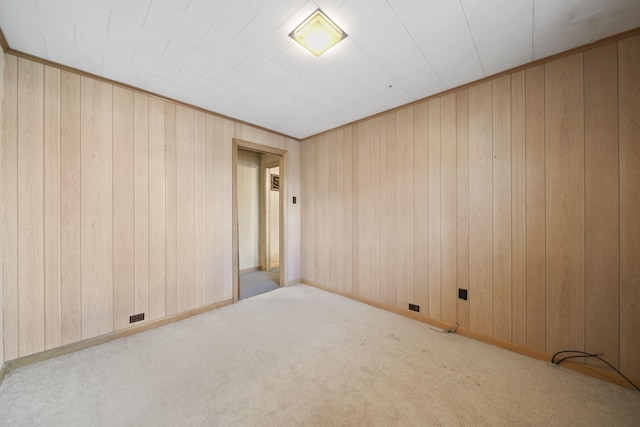 empty room with carpet flooring, wooden walls, and baseboards