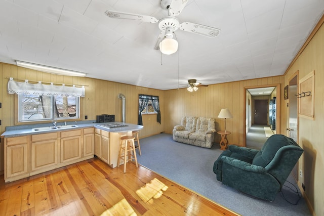 kitchen with light wood-type flooring, light brown cabinets, open floor plan, and a sink