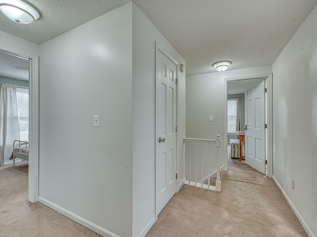 hallway with a textured ceiling, plenty of natural light, and light colored carpet