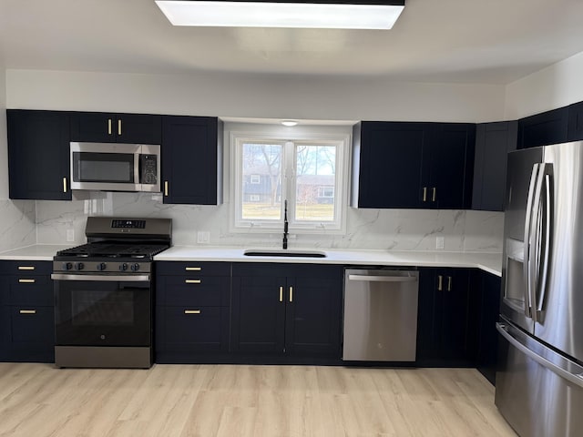 kitchen with stainless steel appliances, light wood-style floors, a sink, and dark cabinets