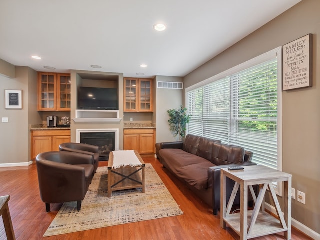 living area featuring visible vents, baseboards, and wood finished floors