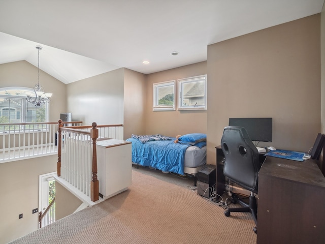 carpeted bedroom featuring recessed lighting, vaulted ceiling, and an inviting chandelier