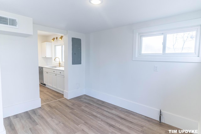 empty room with electric panel, visible vents, baseboards, light wood-style floors, and a sink