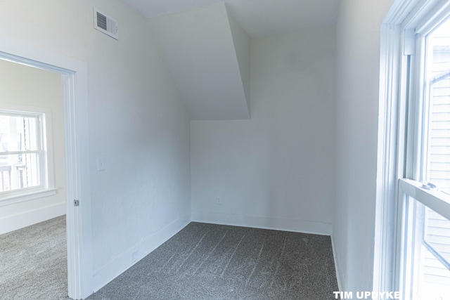 additional living space featuring lofted ceiling, baseboards, visible vents, and dark colored carpet