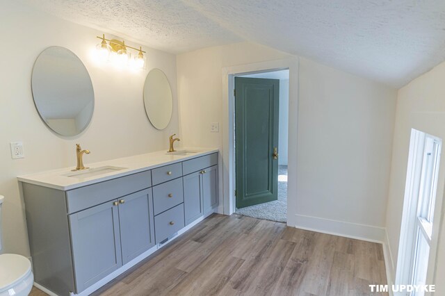 full bathroom with toilet, a textured ceiling, a sink, and wood finished floors