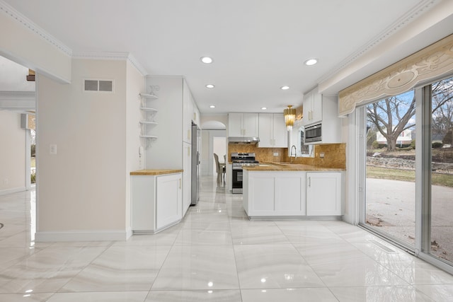 kitchen with under cabinet range hood, stainless steel appliances, a sink, visible vents, and open shelves