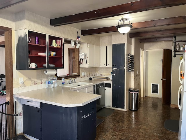 kitchen featuring dishwasher, a peninsula, a sink, light countertops, and beam ceiling