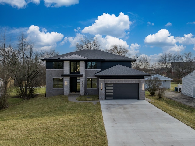 view of front of house featuring a garage, a shingled roof, concrete driveway, a front lawn, and brick siding