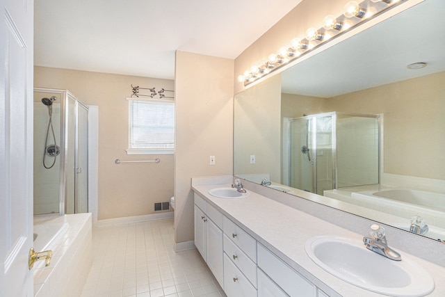 full bath with a stall shower, visible vents, a sink, and a bath