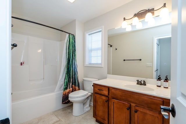 bathroom with vanity, shower / bath combo, tile patterned flooring, and toilet