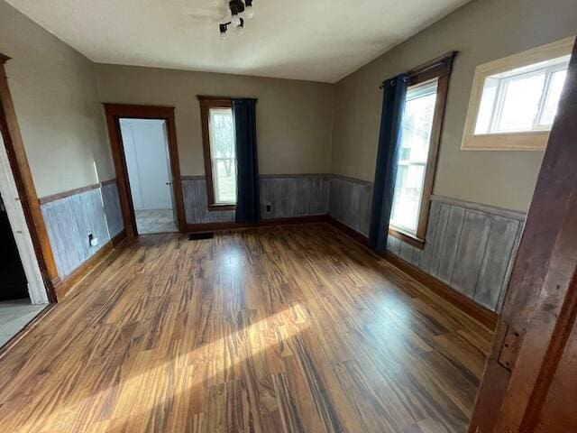 spare room featuring a wealth of natural light, wainscoting, and wood finished floors