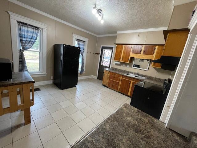 kitchen featuring a wealth of natural light, brown cabinetry, freestanding refrigerator, ornamental molding, and range