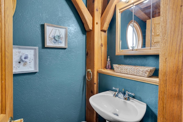 bathroom with a textured wall and a sink