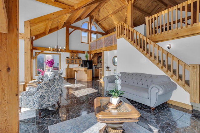 living room with an inviting chandelier, marble finish floor, wooden ceiling, and stairway