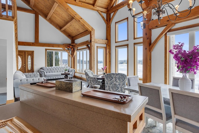 living room with wood ceiling, high vaulted ceiling, beamed ceiling, and a chandelier