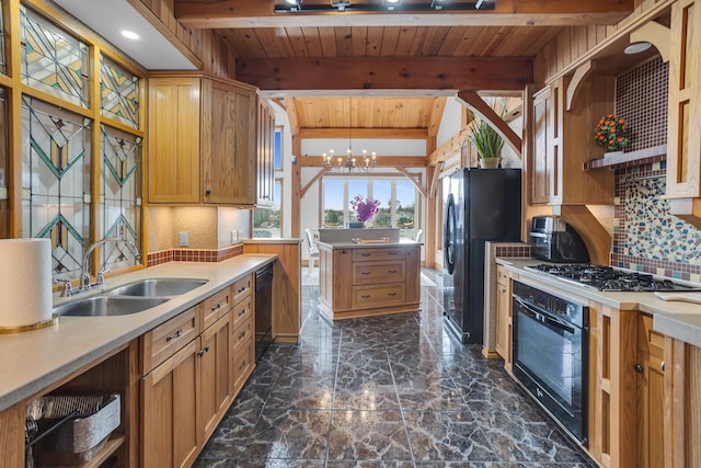 kitchen featuring decorative backsplash, wood ceiling, a sink, beamed ceiling, and black appliances